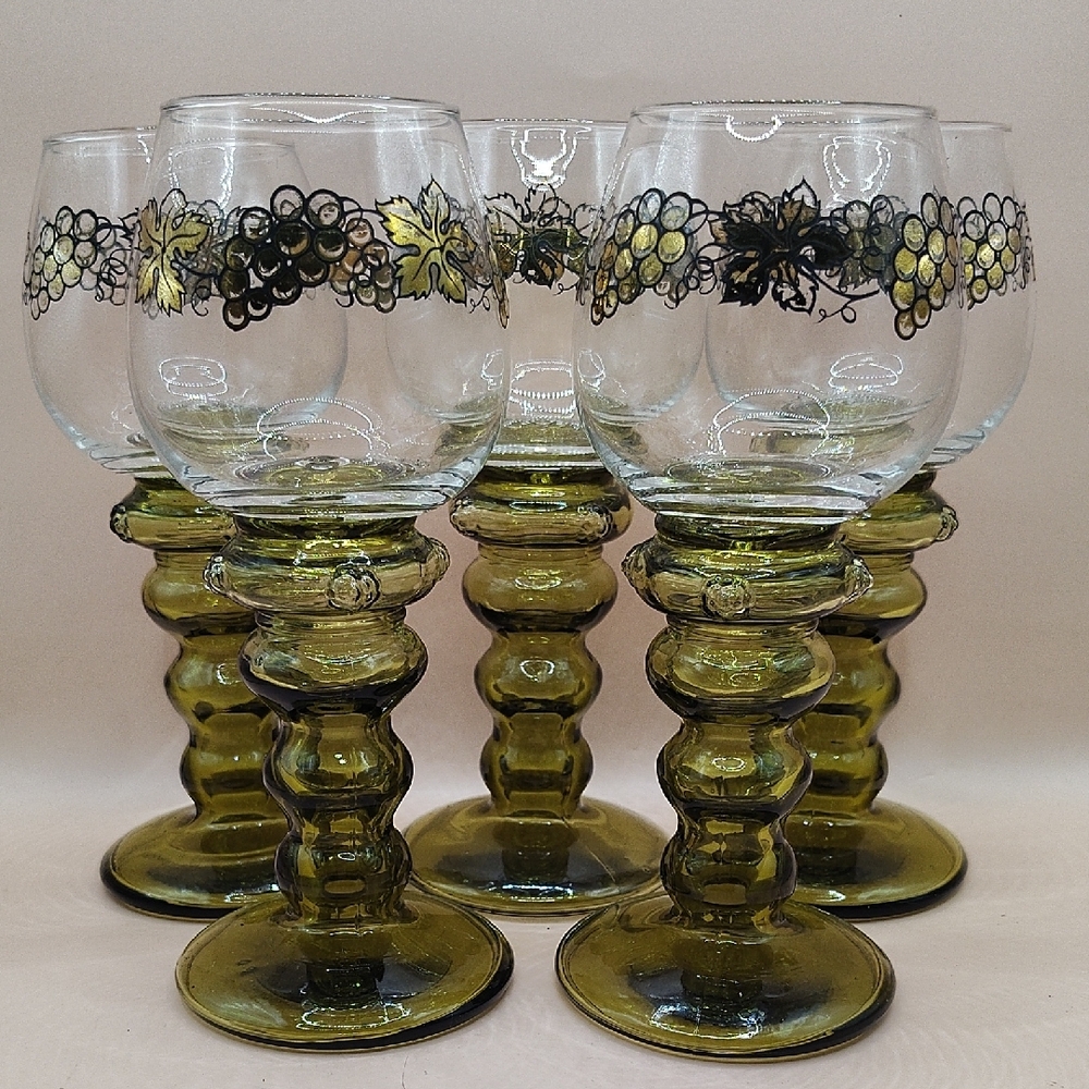 Antique Gilded German Roemer 7” Wine Glasses W/ Prunts Olive Green Bubble Stem 4